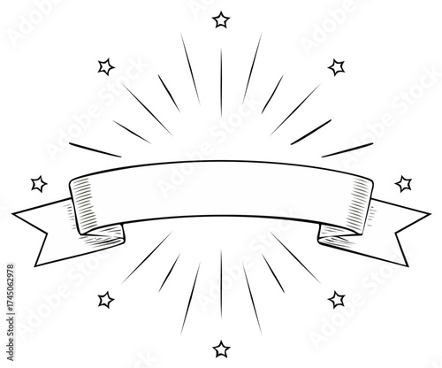 Retro Blank Ribbon Banner with Radiating Sunburst Effect and Sparkling Outline Stars