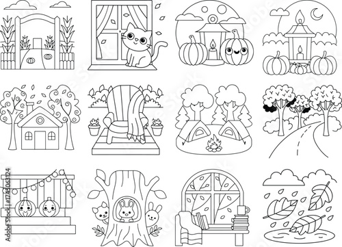 Autumn Themed Coloring Pages with Cat Pumpkins Tent Scarecrow and Fall Scenery illustration vector