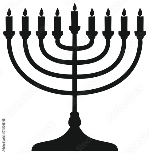 Black silhouette of a lit Hanukkah menorah with nine candles, religious holiday symbol