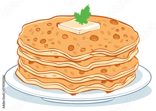 Stack of golden pancakes topped with butter and herb garnish on white plate, breakfast food illustration