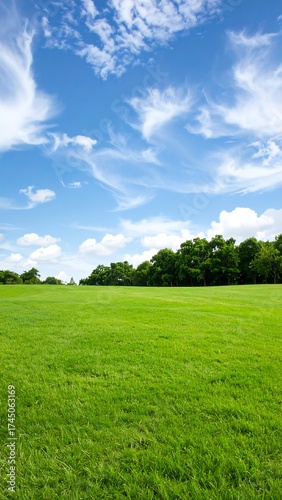 Lush green field under a vivid blue sky