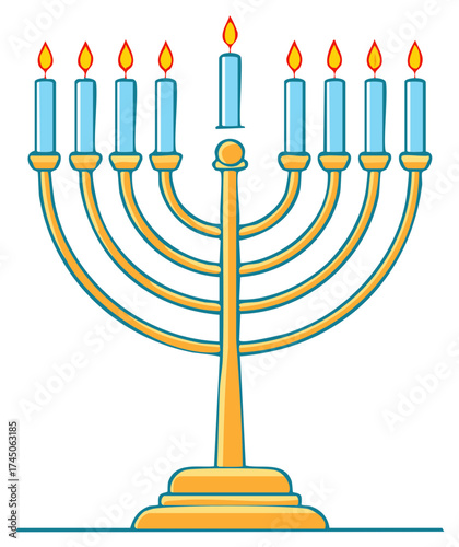 Cartoon illustration of a golden Hanukkah menorah with all nine blue candles lit for the holiday celebration