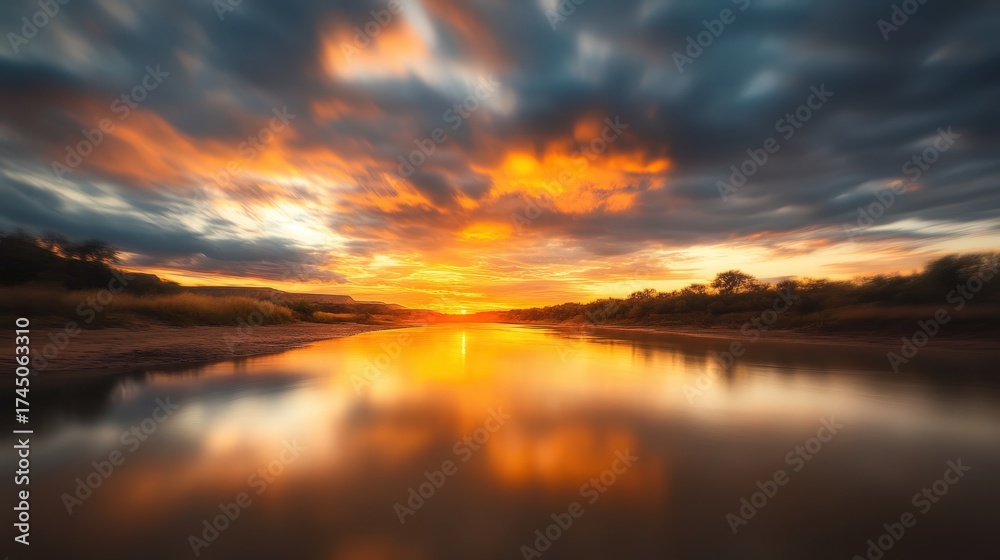 Obraz premium A serene river landscape at sunset, showcasing vibrant hues reflecting in the water, Ideal for nature themes in travel blogs, relaxation materials, or background for artistic projects,