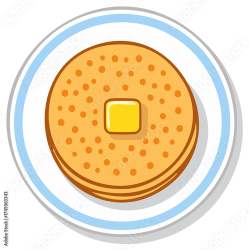 Cartoon Pancakes with Butter on a Plate Isolated on White, Vector Illustration