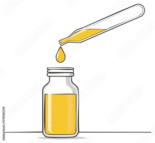 Hand drawn cartoon dropper filling small bottle with yellow liquid medicine