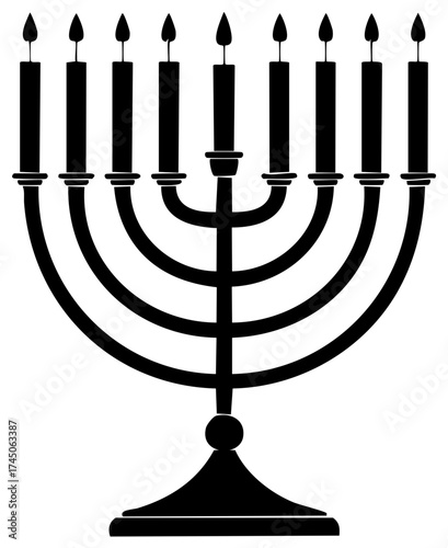 Hanukkah Menorah Silhouette with Nine Lit Candles for the Jewish Festival of Lights