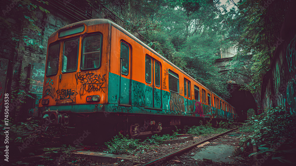 Fototapeta premium Graffiti covered train in tunnel with vegetation