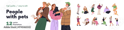 Happy people with different pets set. Home animal owners holding and caring for dog, cat, parrot, hamster, turtle, exotic iguana, boa snake, owl. Flat vector illustration isolated on white background