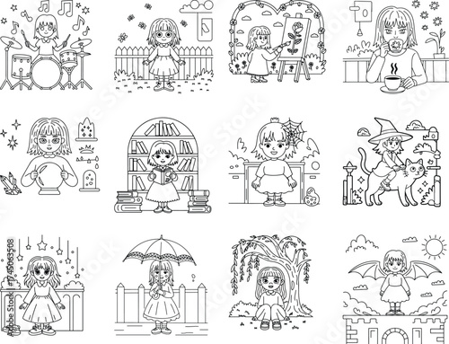 Collection of cute cartoon girls engaged in various activities and fantasy scenarios Keywords: girl, child, kid, drawing, painting, drum, drummer, music, playing, reading, books, library, fortune