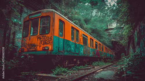 Graffiti covered train in tunnel with vegetation