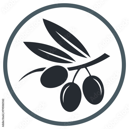 Stylized olive branch with three dark olives and leaves inside a circle icon