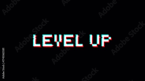 Level up text in glitch style font for design projects related to gaming, technology, or digital media for a dynamic look.