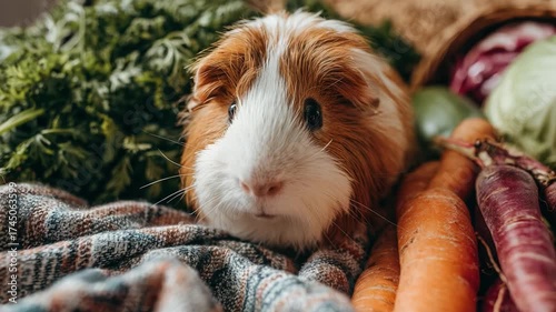 Charming Guinea Pig Surrounded by Fresh Vegetables and Cozy Textiles: A Delightful Still Life of Nature's Bounty