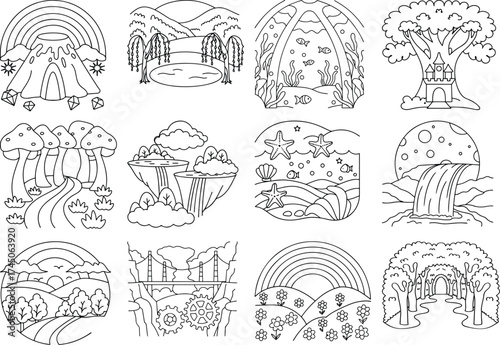 Enchanting Outline Scenes of Nature and Fantasy Worlds landscape volcano