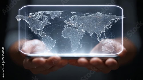 A Stunning Visualization of a Digital World Map Displayed on a Smartphone, Illuminating Global Connections and Modern Technology in a Hands-On Perspective