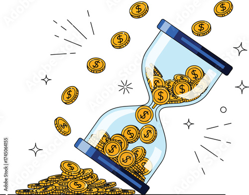 Hourglass filled with gold coins symbolizing time is money and financial investment opportunities