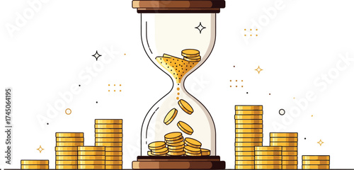 Hourglass filled with gold coins depicts time is money and investment growth opportunity concept