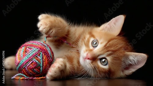 Playful Ginger Kitten Engaging with Colorful Yarn Ball in a Charming Display of Feline Curiosity and Playfulness