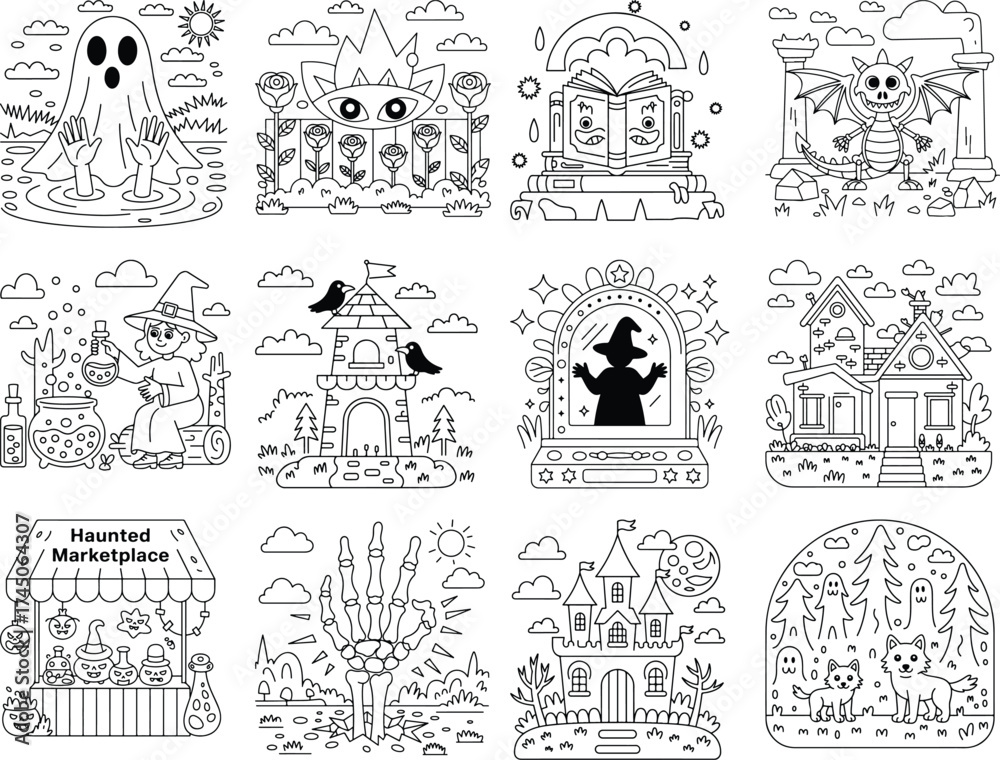Obraz premium Halloween Themed Coloring Pages With Ghosts Witches Dragons And Haunted Houses Keywords: halloween, ghost, witch, dragon, haunted house, skeleton hand, castle, pumpkin, potion, cauldron, spooky
