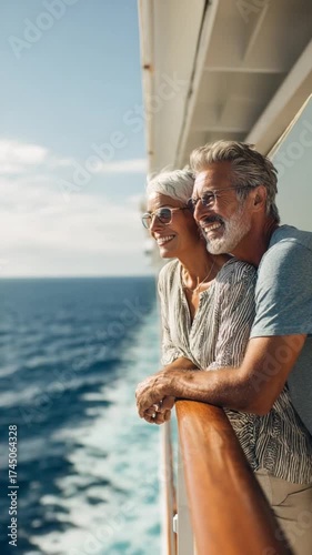 Golden Years Afloat: An older couple, radiating joy and contentment, leans against the railing of a cruise ship, gazing out at the boundless expanse of the azure ocean.