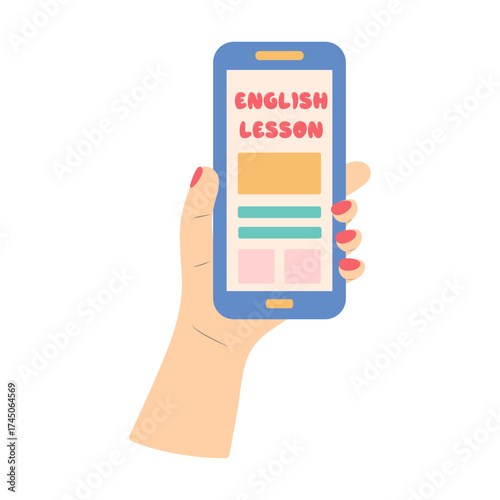 Hand holding smartphone with English learning app. English lesson lettering. English online mobile learn concept, learning app. Vector illustration