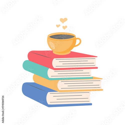 Stack of books with a mug of tea or coffee on top