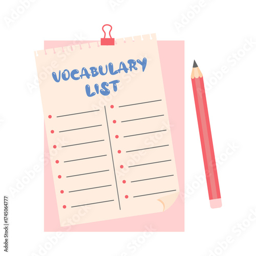 Vocabulary list and pencil. Learn English concept