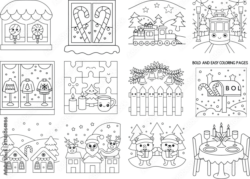 Obraz premium Variety of Christmas Themed Coloring Pages with Whimsical Scenes and Characters Keywords: christmas, coloring, page, outline, drawing, illustration, holiday, winter, santa, reindeer, snowman, candy