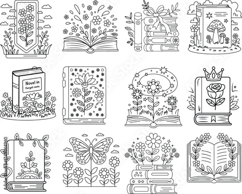 Twelve whimsical line art illustrations of books and flowers, including butterflies and mushrooms open book