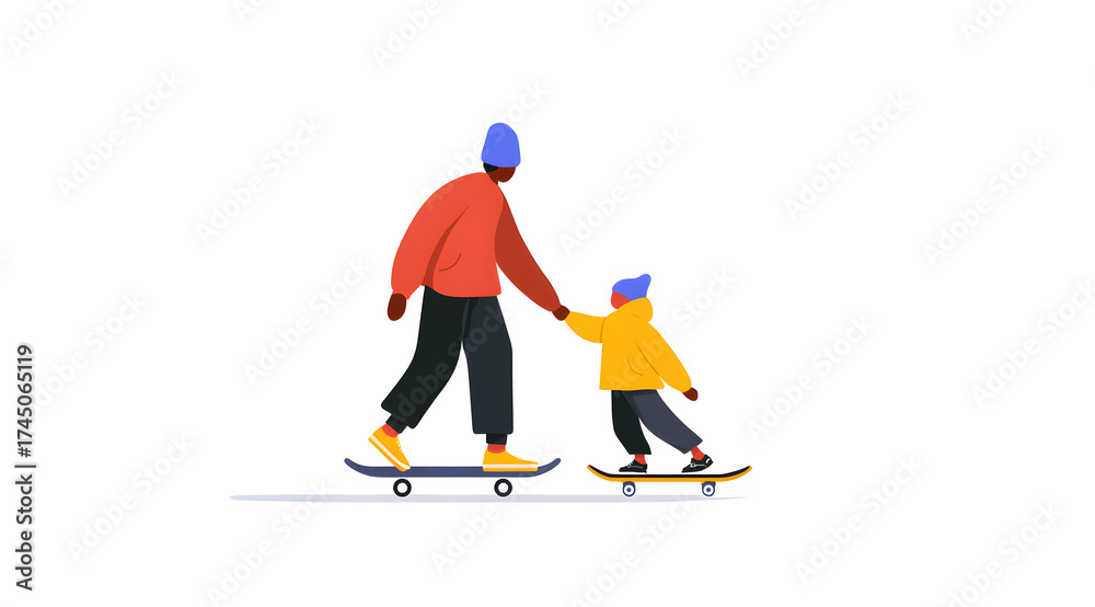 Obraz premium Father and Child Skateboarding A Joyful, Active Lifestyle Illustration