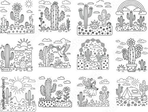Whimsical Desert Landscape with Cacti and Cute Characters in Outline Style Keywords: cactus, desert, sun, rainbow, clouds, flowers, plants, nature, landscape, outline, drawing, illustration, cute