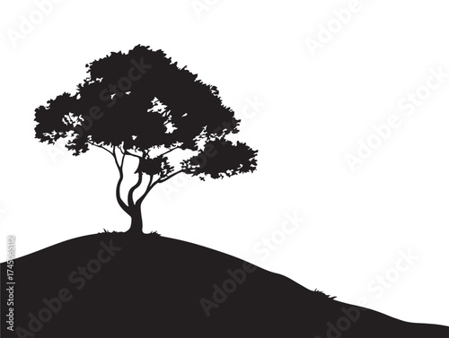Hillside Tree Silhouette With Rolling Landscape Vector
