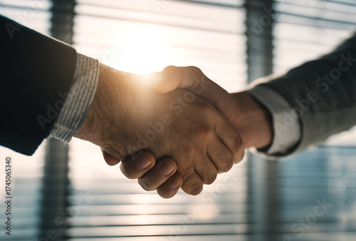 Two business people shaking hands in agreement with sunlight shining through blinds