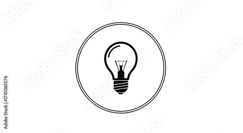 Simple black and white light bulb icon in a circular frame symbolizing ideas and innovation.