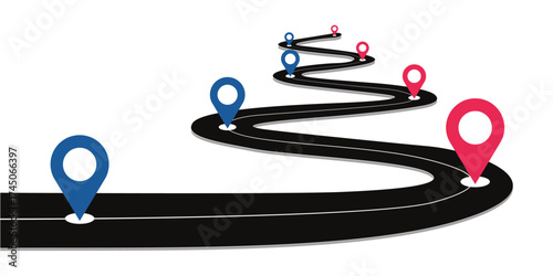 Winding road with location pins, representing a journey or navigation, isolated on white background