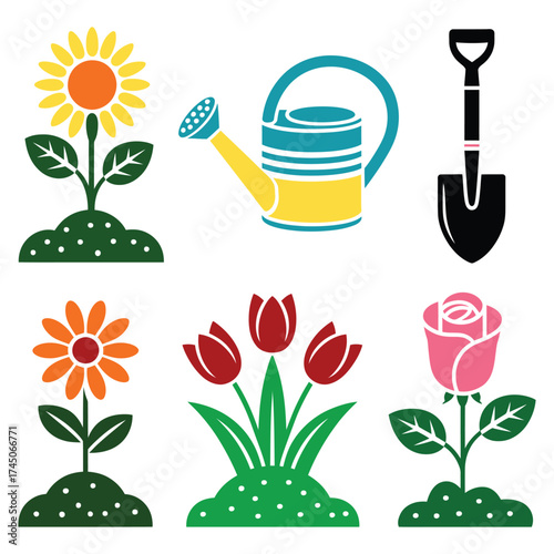 Garden and Gardening Tools Solid Icons Set (Flowers, Watering Can, Shovel)