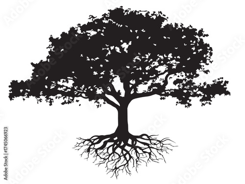 Hand-drawn style 2D vector tree with knotted trunk roots