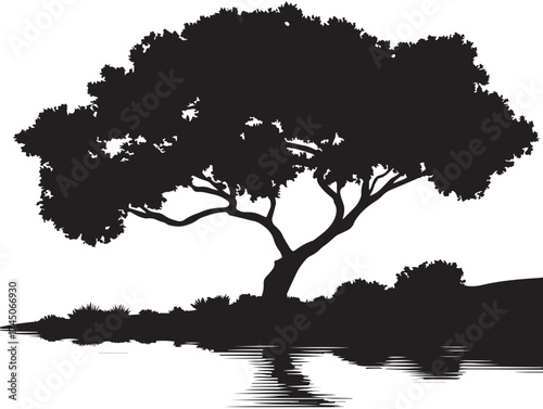 Serene lakeside tree silhouette 2D vector line art