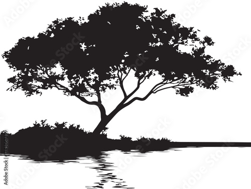 Beautiful 2D vector line art of lakeside tree silhouette