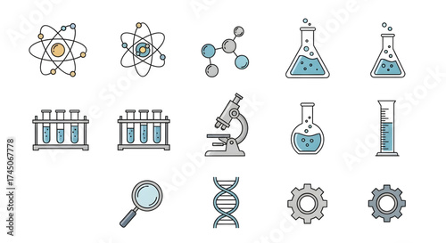 Collection of hand drawn science and chemistry icons including microscope beaker dna and molecules on white background