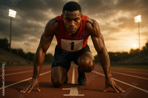 Wallpaper Mural Athlete runner on starting line preparing for race on outdoor track at sunset with stadium lights and focused expression Torontodigital.ca