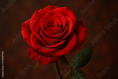 Wallpaper Mural Vibrant red rose with delicate petals and green leaves, beautifully composed against dark blurred background, evoking romance and natural elegance Torontodigital.ca
