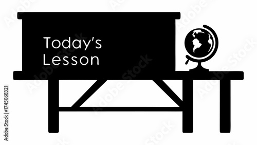 Blackboard with today's lesson text and a globe on a table in a classroom setting illustration