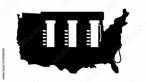 Black silhouette of the united states map with three white vials and a black container overlaying it