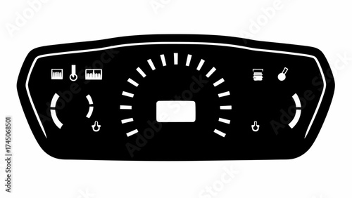 Illustration of a black and white dashboard with various gauges and indicator lights displayed clearly