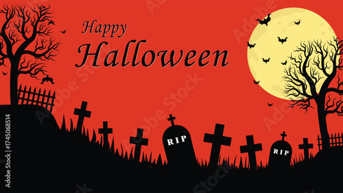 Scary Graveyard And Dead Tree Halloween Theme With Moon As Background