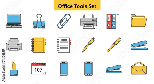 Collection of illustrated office supplies and equipment including a printer stapler pens paper clips folders and a calendar presented as a clean vector graphic