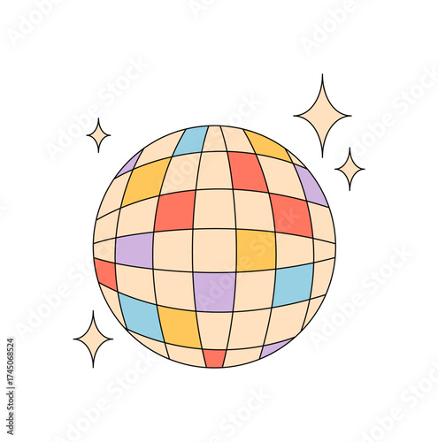 Groovy y2k disco ball in colorful sparkle style. Funky party dance symbol shines as a 70s music icon. Groovy element and retro graphic with bright ambiance, perfect for a vibrant pop scene.
