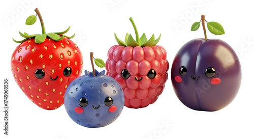 Adorable kawaii style handmade polymer clay fruits featuring strawberry blueberry raspberry and plum with cute faces and green leaves on white background