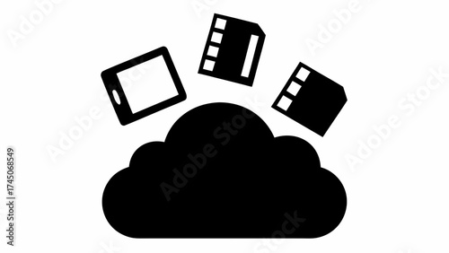 Black cloud with tablet and memory cards floating above it in a simple vector illustration style image